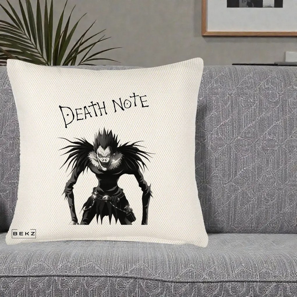 Perna Personalizata Death Note Ryuk Shinigami Alb-Negru, 40x40 cm, Crem Reliefat, Husa Detasabila, Perna Inclusa, BEKZ®
