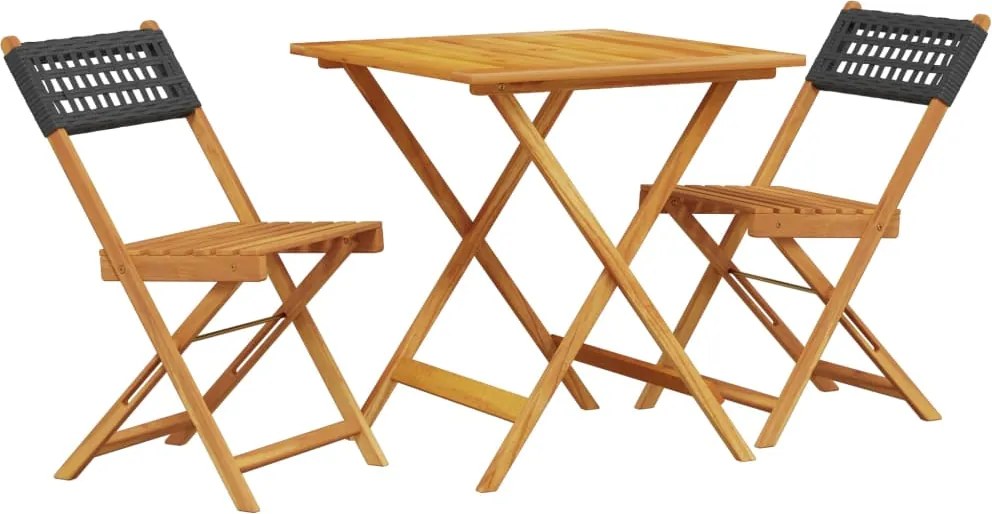 vidaXL Set mobilier bistro, 3 piese, negru, poliratan și lemn masiv