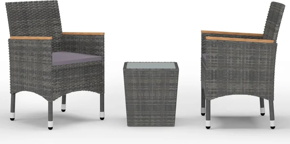 vidaXL Set mobilier bistro, 3 piese, gri, poliratan/sticlă securizată