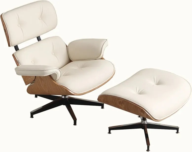 AVALON Accent Lounge Chair & Ottoman – Fotoliu Premium cu Taburet, Design Ergonomic, Piele Ecologică PU Premium, Furnir culoare Lemn Natural, Bază Pivotantă din Aluminiu, Alb