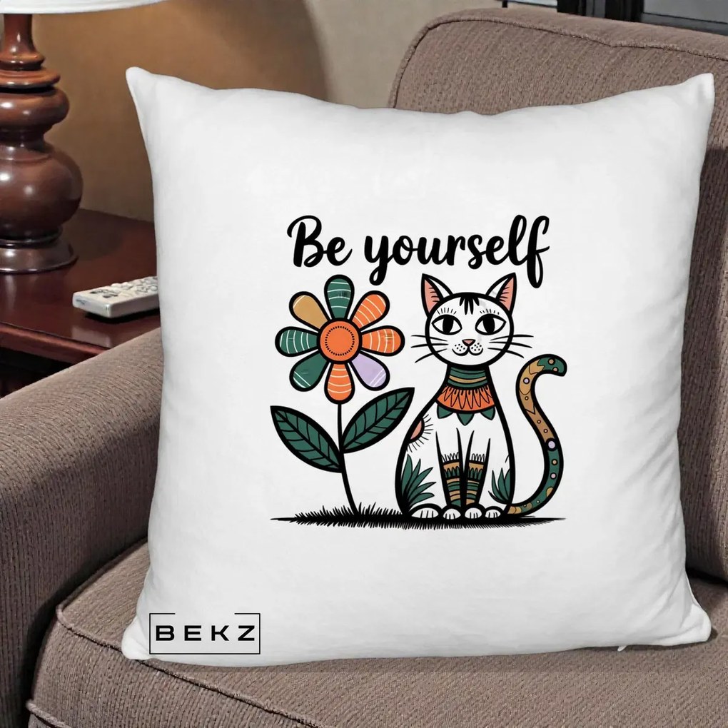 Perna Personalizata Be Yourself Pisica Folk, 40x40 cm, Alb Pufos, Husa Detasabila, Perna Inclusa, BEKZ®