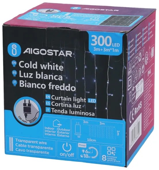 Aigostar - Ghirlandă luminoasă LED pentru exterior, 300 LED/6W/230V, 8 moduri, 3 x 1 m, IP44, alb rece, cu telecomandă