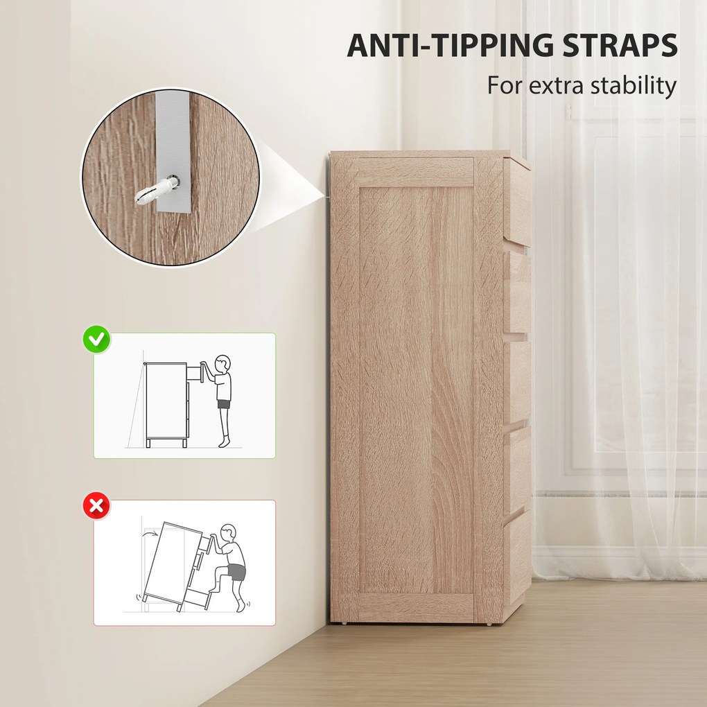 HOMCOM Comodă pentru Depozitare cu 5 Sertare, Comodă Înaltă, Comodă cu Ghidaje Metalice și Mânere Scanalate, Alb | Aosom Romania