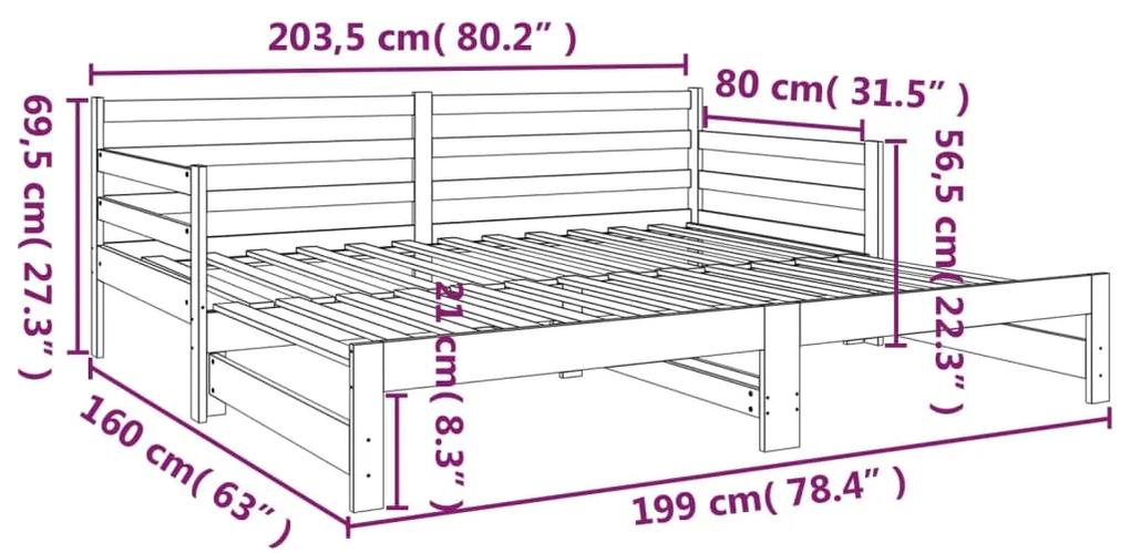 Pat de zi extensibil, gri, 2x(80x200) cm, lemn masiv de pin Gri