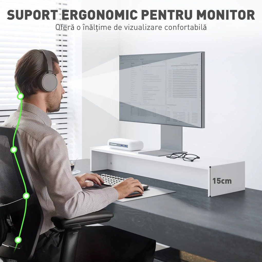 HOMCOM Suport monitor până la 16kg, cu 2 Compartimente de Depozitare, 100x27x15 cm, Alb | Aosom Romania