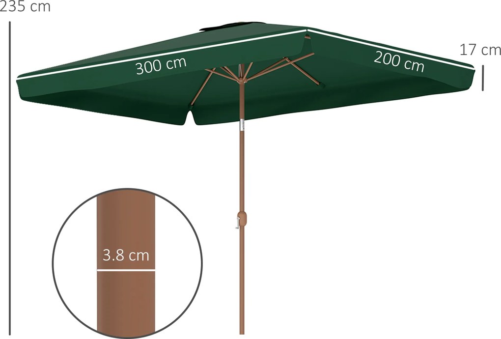 Outsunny Umbrelă de Grădină Înclinabilă cu Deschidere cu Manivelă, și Orificiu de Ventilație, 300x200x235 cm, Verde Închis | Aosom Romania