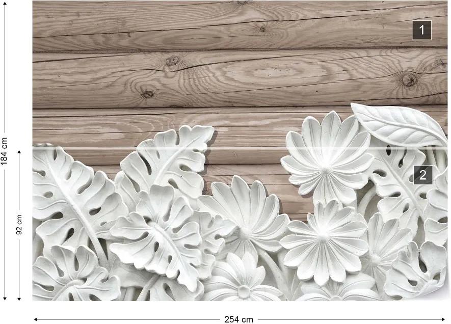 GLIX Fototapet - Vintage Chic 3D Carved White Flowers Wood Plank Texture Vliesová tapeta  - 254x184 cm