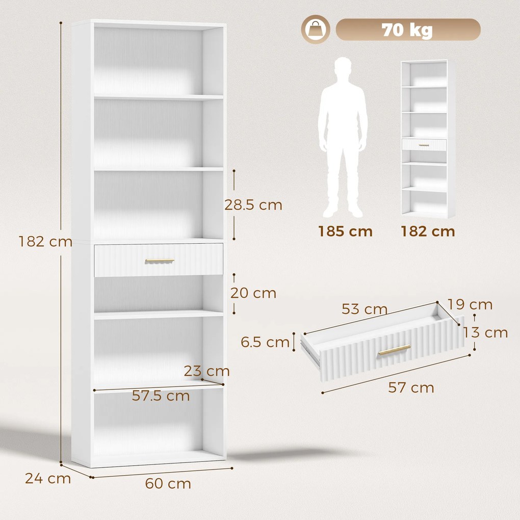 HOMCOM Bibliotecă Înaltă cu Cuburi, 7 Niveluri cu Sertar, MDF, 60x24x182 cm, Alb | Aosom Romania