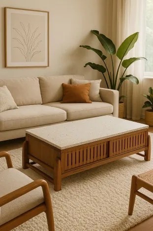 Masuta de cafea din lemn de acacia si marmura, 127X67X47 cm, " Terrazo "