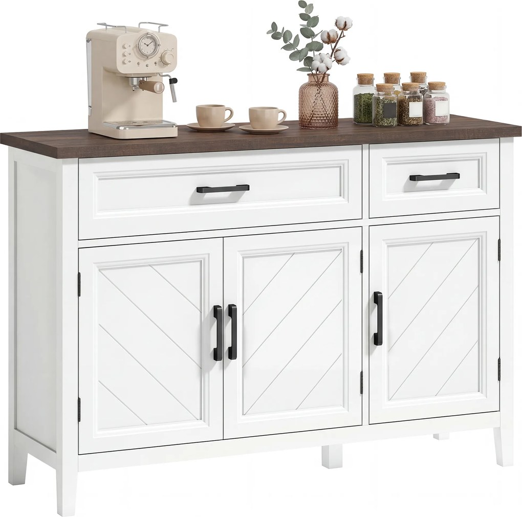 HOMCOM Bufet pentru living, mobilier de depozitare cu 3 uși cu model chevron, 2 sertare și 2 rafturi reglabile, 110 x 35 x 80,5 cm, alb | Aosom Romania