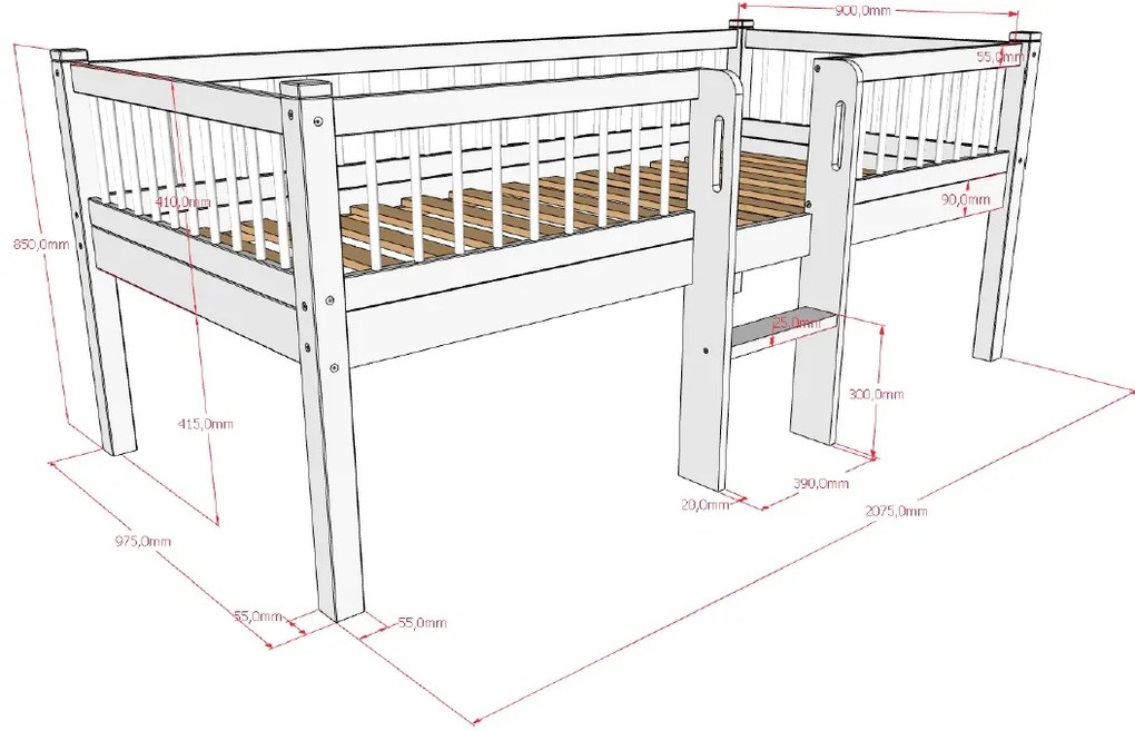 Pat Semi-Înălțat (Mid Sleeper) Forrest Beech 90x200 cm, pentru Camera Copii, din Lemn de Fag Lăcuit Alb, cu Scară și Sertare – Vipack