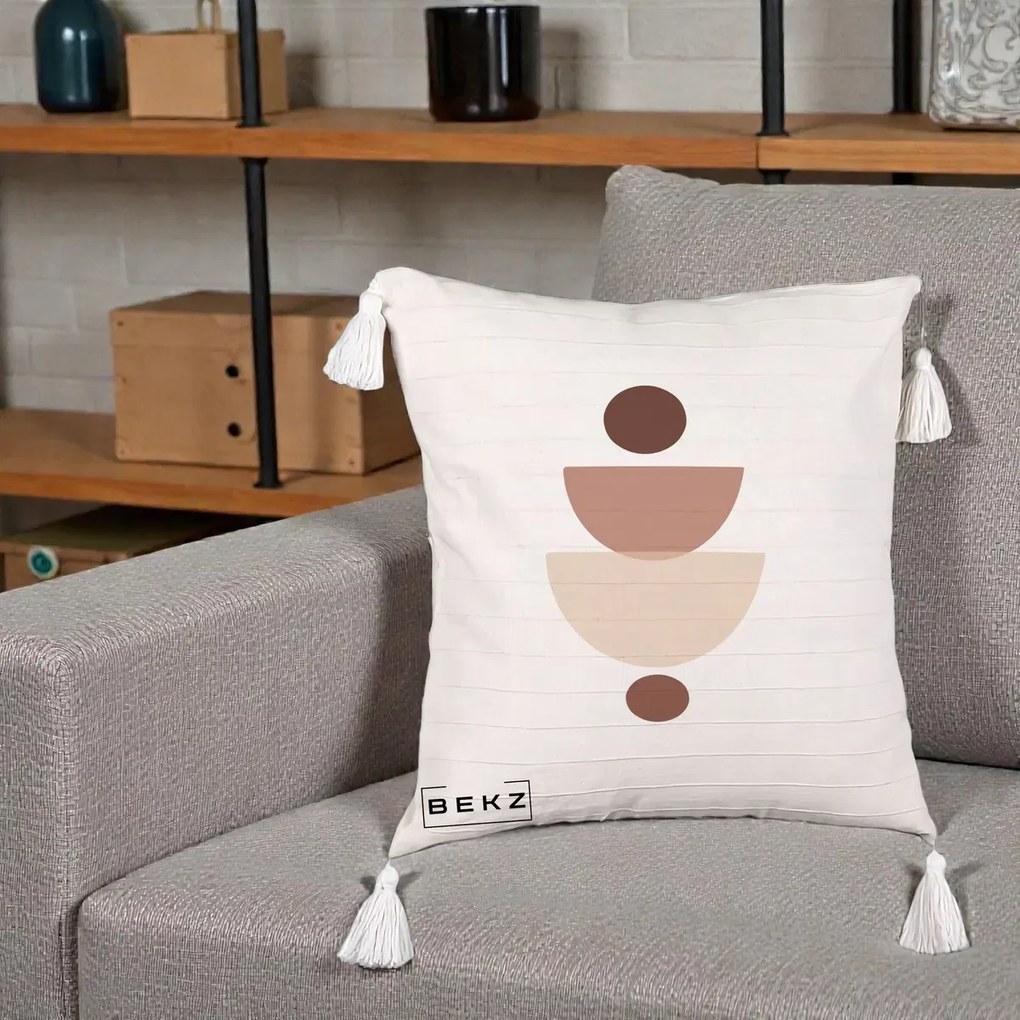 Perna Decorativa Geometric Boho Balance, 40x40 cm, Bej cu Franjuri, Husa Detasabila, Perna Inclusa, BEKZ®