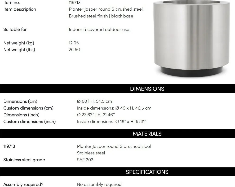 Ghiveci, Vas decorativ din otel inoxidabil Jasper S