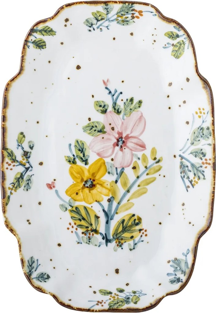 Platou de servire din ceramică artizanală albă cu motive florale roz pictate manual și margine aurie, 31×21×3 cm, "Savina"