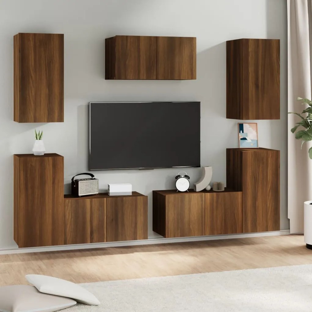 3120256 vidaXL Set comode TV, 7 piese, stejar maro, lemn compozit