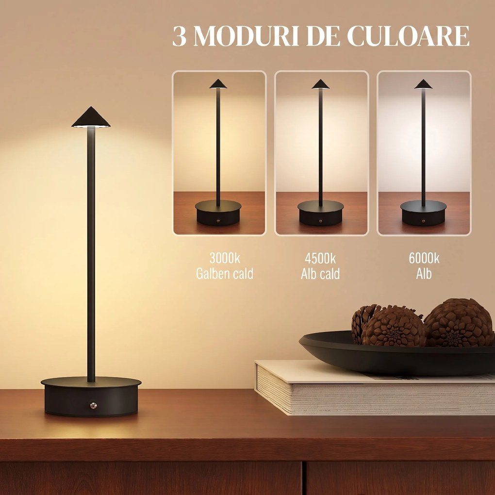 HOMCOM Lampă de Masă Reîncărcabilă cu USB, Lampă Fără Fir cu Temperatura Culorii Reglabilă 3000K/4500K/6500K, Control Tactil, Autonomie 4-8 Ore, Negru | Aosom Romania