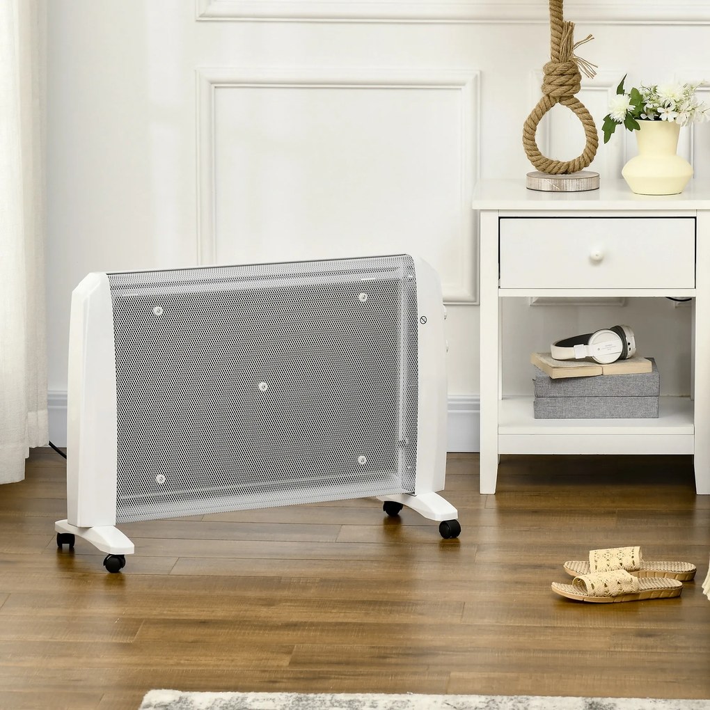 HOMCOM Radiator Electric Mică 1000W/2000W cu Termostat Reglabil, 15-20 m², 4 Roți, 79x27x54 cm, Alb | Aosom Romania