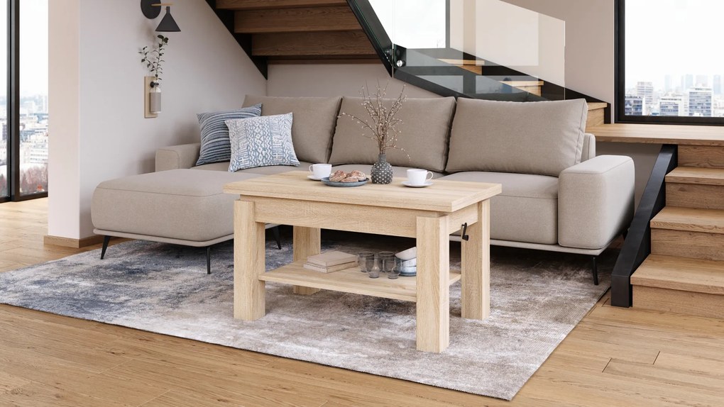 Mazzoni BRAWO Stejar Sonoma - MĂSUȚĂ DE CAFEA CU BLAT EXTENSIBIL ȘI RIDICABIL MASĂ CU RAFT