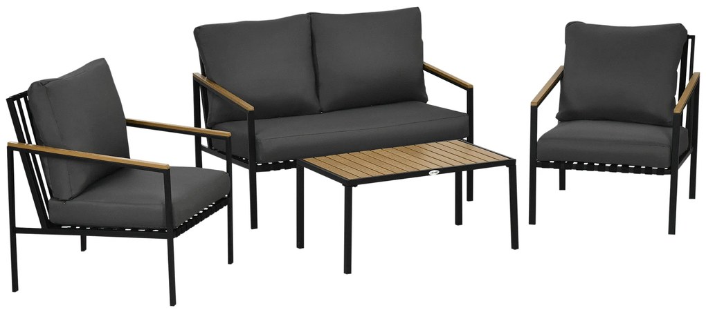 Outsunny Set mobilier de grădină 4 piese 4 persoane cu canapea cu 2 locuri fotolii și masă de cafea 8 perne negru gri închis | Aosom Romania