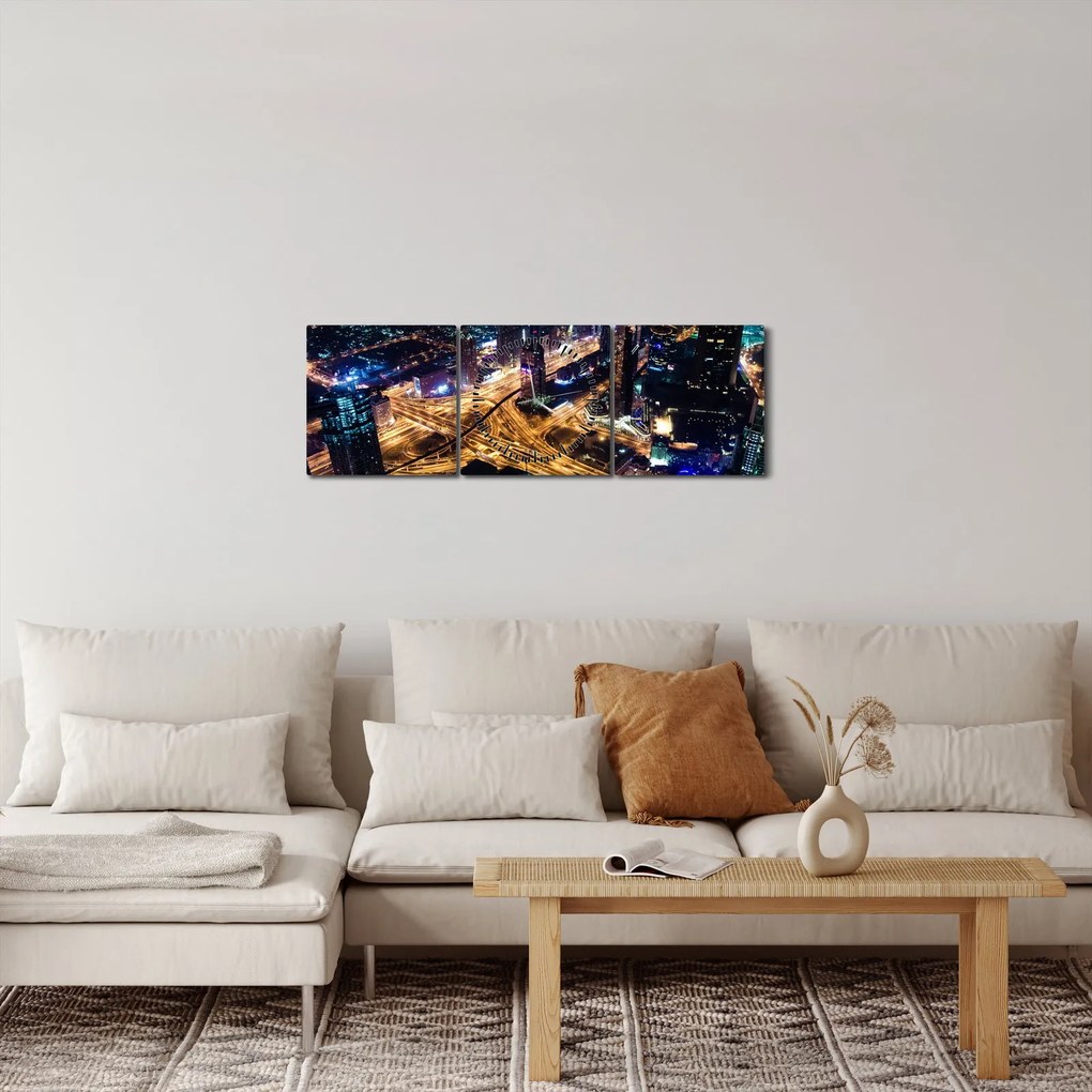 Tablou cu oraș nocturn (cu ceas) (90x30 cm)