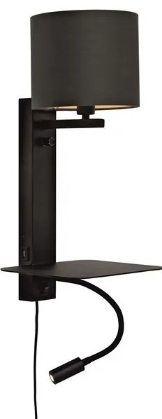 Aplica cu raft, reader LED, mufa USB si abajur textil negru Florence