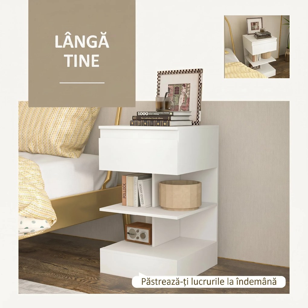 Noptiera Moderna din PAL si MDF cu un Sertar si 2 Rafturi, 39x39x65 cm, Alb HOMCOM | Aosom RO
