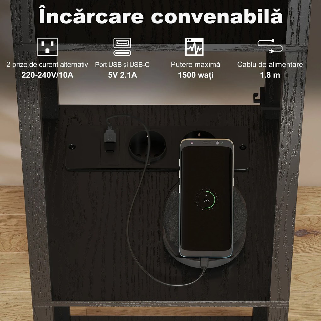 Lampă de Podea HOMCOM LED cu Rafturi, Lampă Modernă cu Comutator și Porturi USB, Lumină Reglabilă pentru Living și Dormitor, Neagră | Aosom Romania