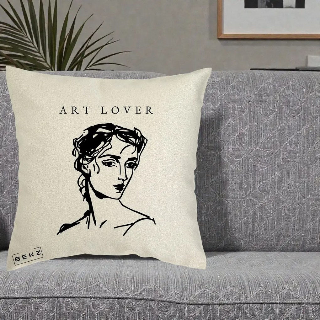 Perna Decorativa Art Lover Portret Grafic, 40x40 cm, Ecru, Husa Detasabila, Perna Inclusa, BEKZ®