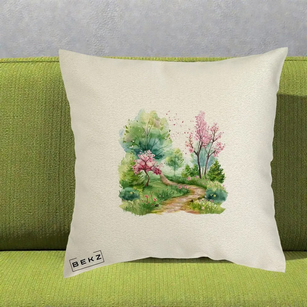 Perna Decorativa Gradina Primavara Acuarela, 40x40 cm, Ecru, Husa Detasabila, Perna Inclusa, BEKZ®