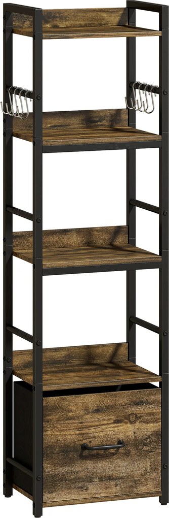 HOMCOM Bibliotecă cu 4 niveluri, etajeră de depozitare îngustă cu sertar, 8 cârlige, , 39 x 26 x 136,5 cm, maro rustic | Aosom Romania