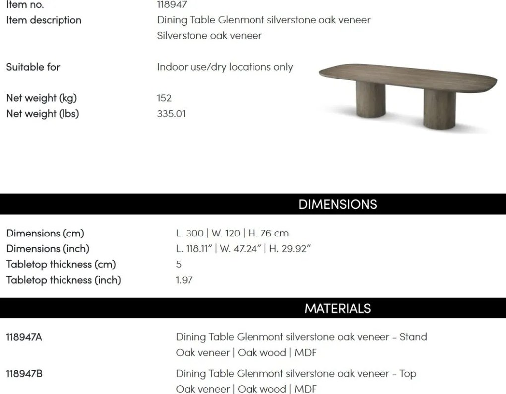 Masa dining deosebita design LUX Glenmont 300x120cm
