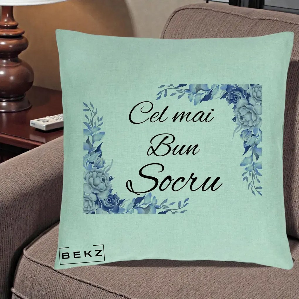 Cadou pentru Socru - Perna Personalizata Cel mai Bun Socru cu Flori Albastre Acuarela, 40x40 cm, Verde Menta, Husa Detasabila, Perna Inclusa, BEKZ®