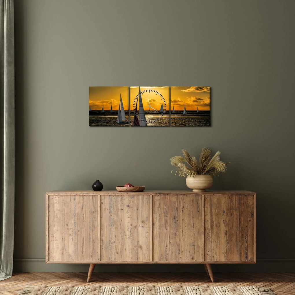 Tablou cu iaht în apus de soare (cu ceas) (90x30 cm)