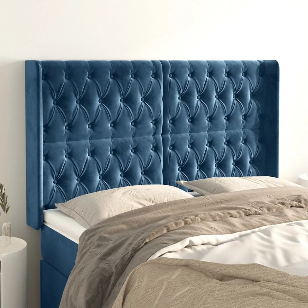 3119974 vidaXL Tăblie pat cu urechi albastru închis 163x16x118/128 cm catifea