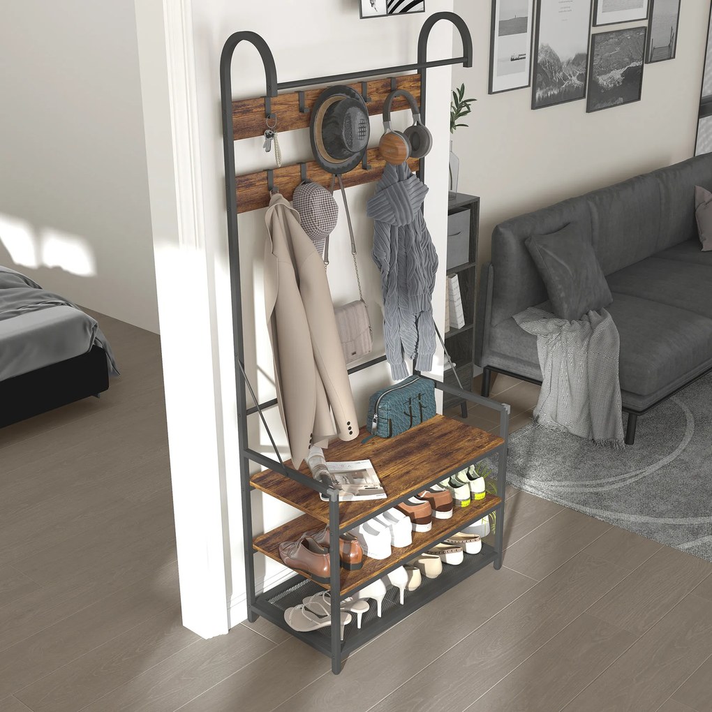 HOMCOM Suport de Haine de Intrare cu Bară, 10 Cârlige Mobile, Bancă și Raft pentru Încălțăminte, Mobilier în Pal și Metal, Design Industrial, 80x40x182 cm, Maro și Negru | Aosom Romania