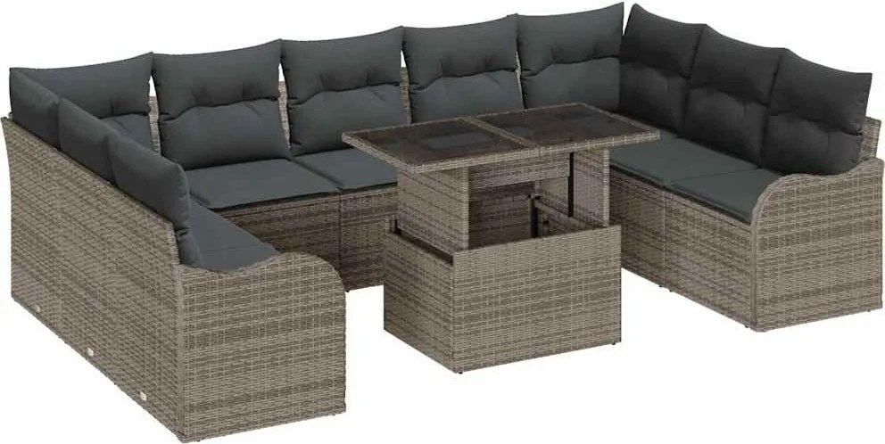 vidaXL Set de canapele pentru grădină cu pernă 10 pcs Gri Poli Rattan