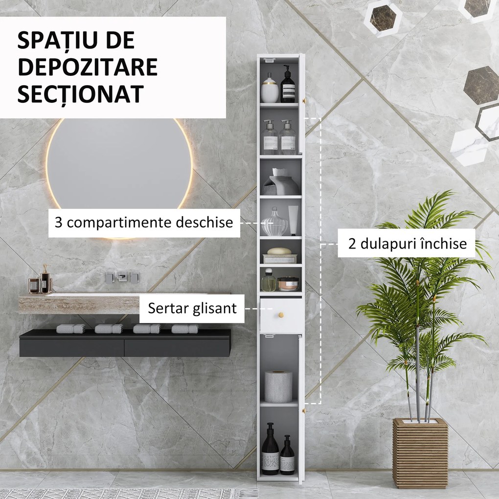 HOMCOM Dulap Înalt de Baie cu 2 Compartimente, 3 Rafturi Deschise și Sertar, 20x20x178 cm, Alb | Aosom Romania