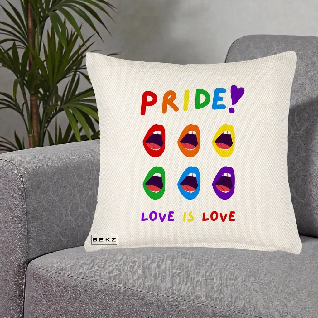 Perna Personalizata Pride Love is Love Curcubeu, 40x40 cm, Crem Reliefat, Husa Detasabila, Perna Inclusa, BEKZ®