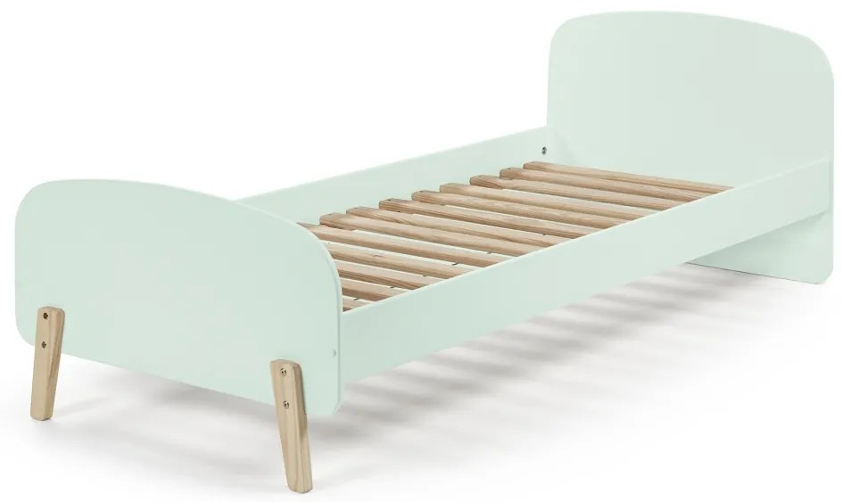Set KIDDY în verde mentă format dintr-un Pat copii (90x200), noptieră, 2 rafturi de perete (45 și 65 cm) și o bară de siguranță.