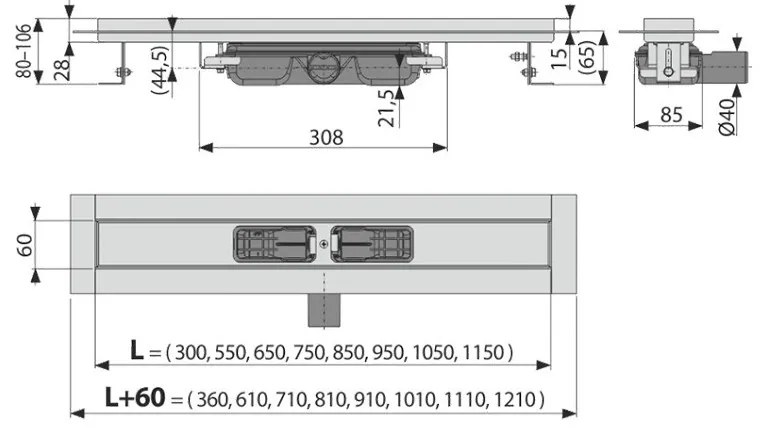 Rigolă de duș, Alcadrain, Professional low, fără grătar, 75 cm