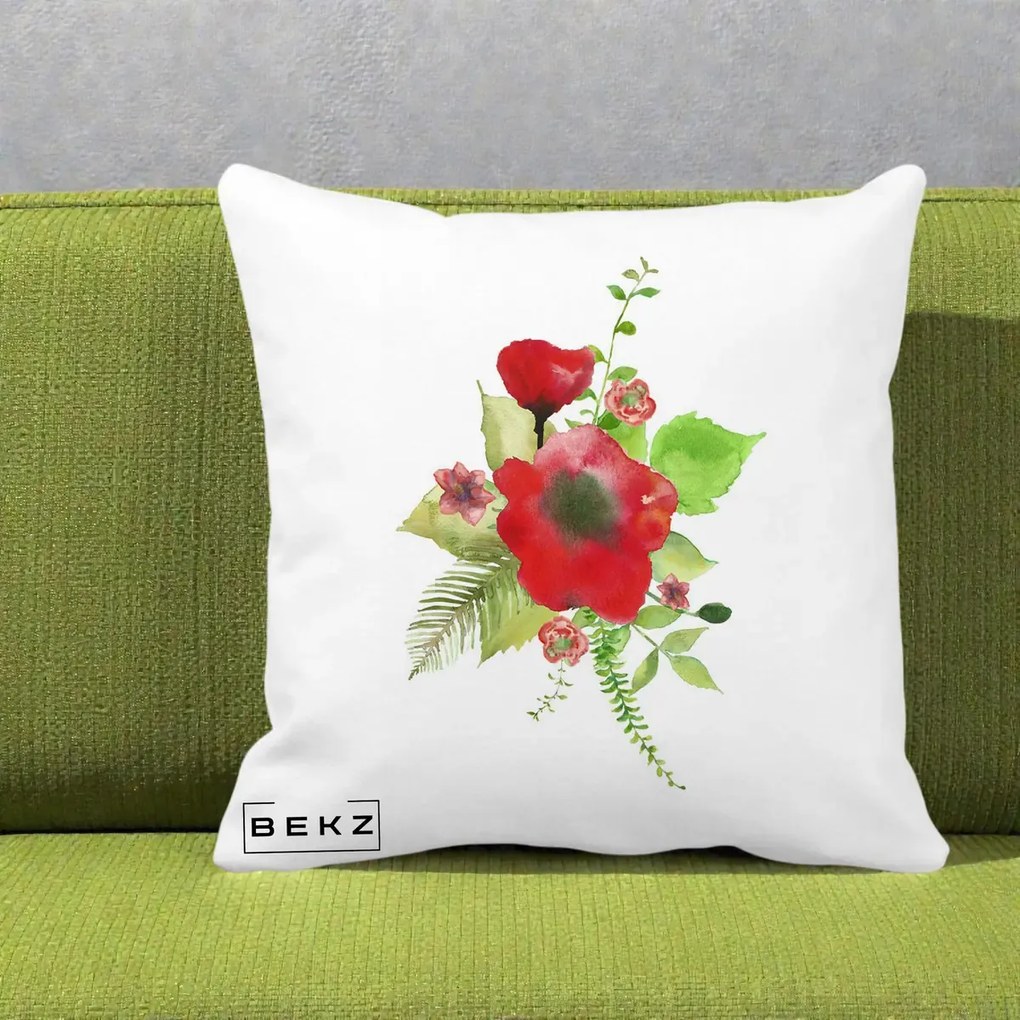 Perna Decorativa Buchet Rosu Acuarela, 40x40 cm, Alba Mata, Husa Detasabila, Perna Inclusa, BEKZ®