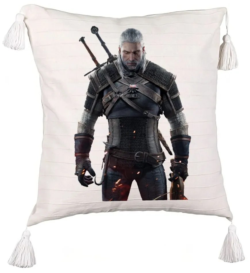 Perna Decorativa cu Franjuri cu The Witcher 2, 45x45 cm, Ecru, Cu fermoar