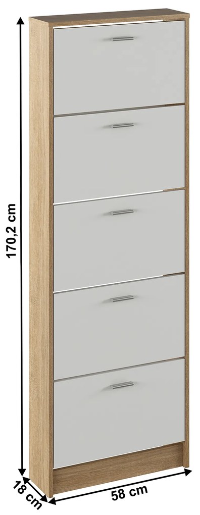Dulap pantofi, 5 rafturi, stejar sonoma/ alb, MOBI 15