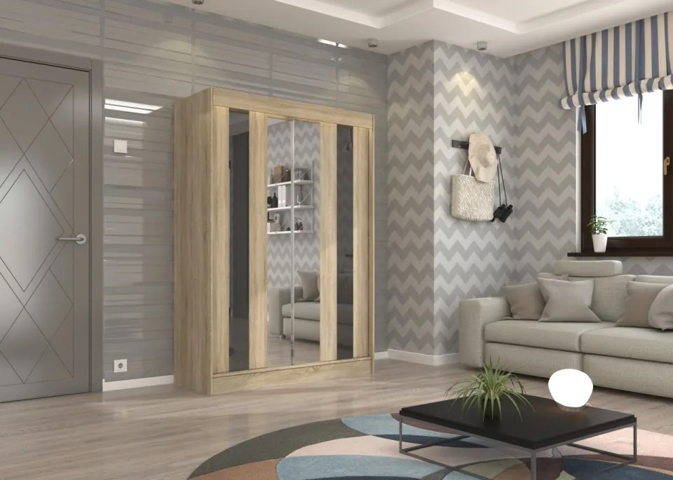 Dulap cu usi glisante si oglinda 150x215 cm, Keita, ADRK Furniture (Culoare: Sonoma / Ciocolată Lacobel)