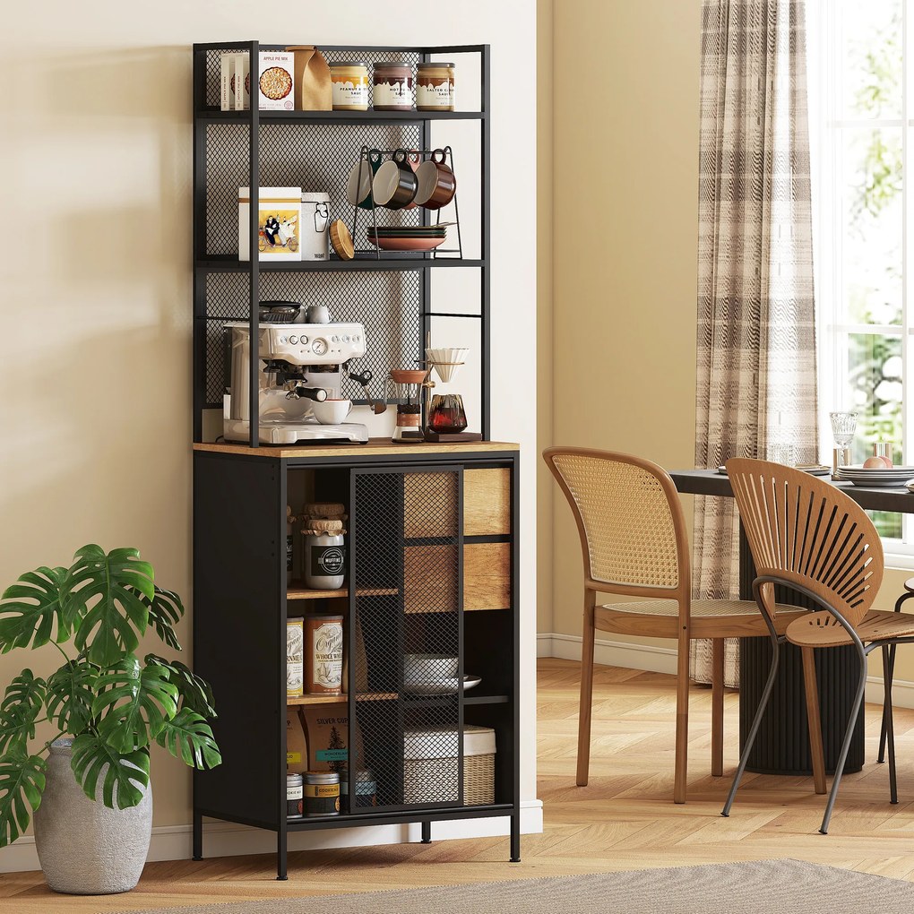 HOMCOM Bufet, dulap de bucătărie, blat de lucru, ușă glisantă, sertare și rafturi deschise, 60x40x180cm, lemn natural | Aosom Romania