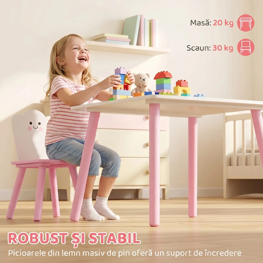 AIYAPLAY Set Masă și 2 Scaune Copii 3-6 Ani cu Margini Rotunjite Temă Vată de Zahăr, MDF, Roz | Aosom Romania
