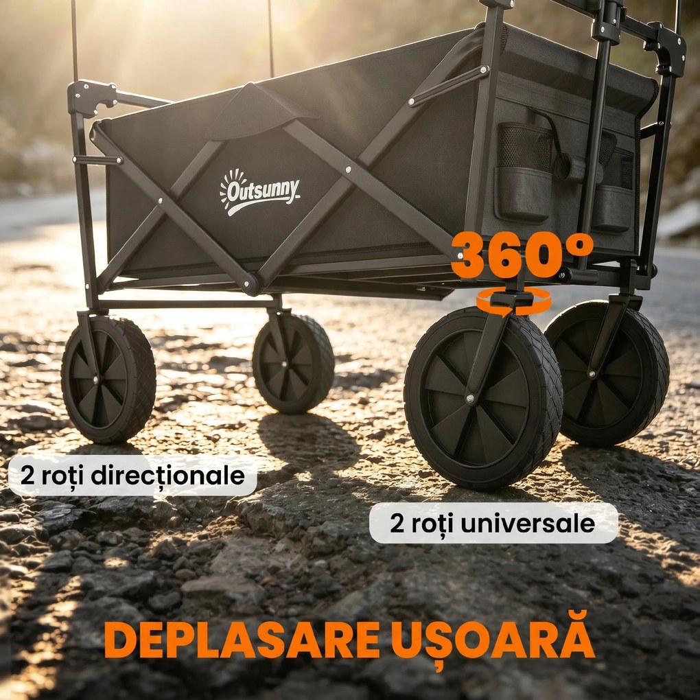 Outsunny Cărucior Pliabil de Exterior cu Copertină Detașabilă, Rezistent pentru Grădină și Camping, cu Maner Telescopic | Aosom Romania