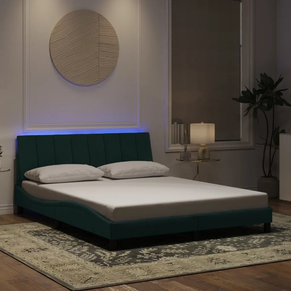 vidaXL Cadru de pat cu lumini LED, verde închis, 160x200 cm, catifea