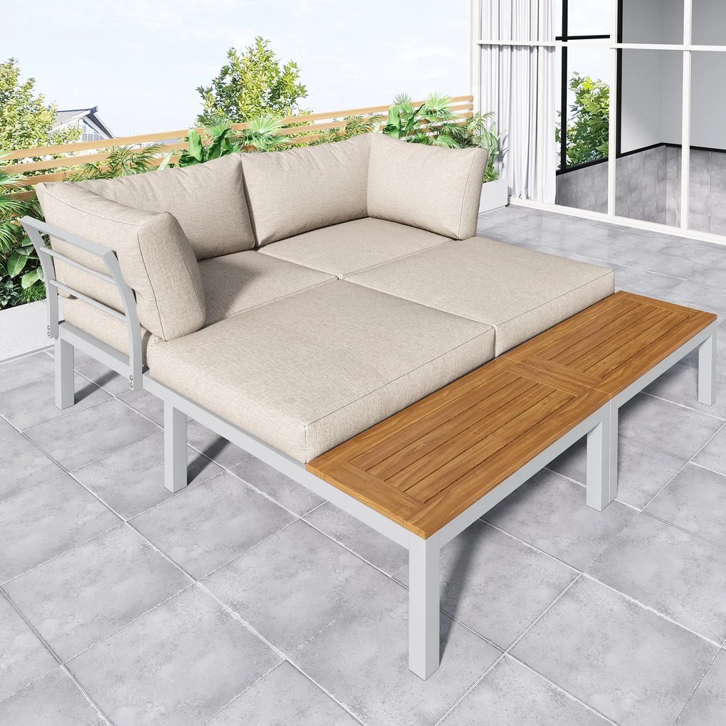 Set mobilier de grădină, cu 2x canapele de două locuri, 2x mese auxiliare, 1x masă, Bej