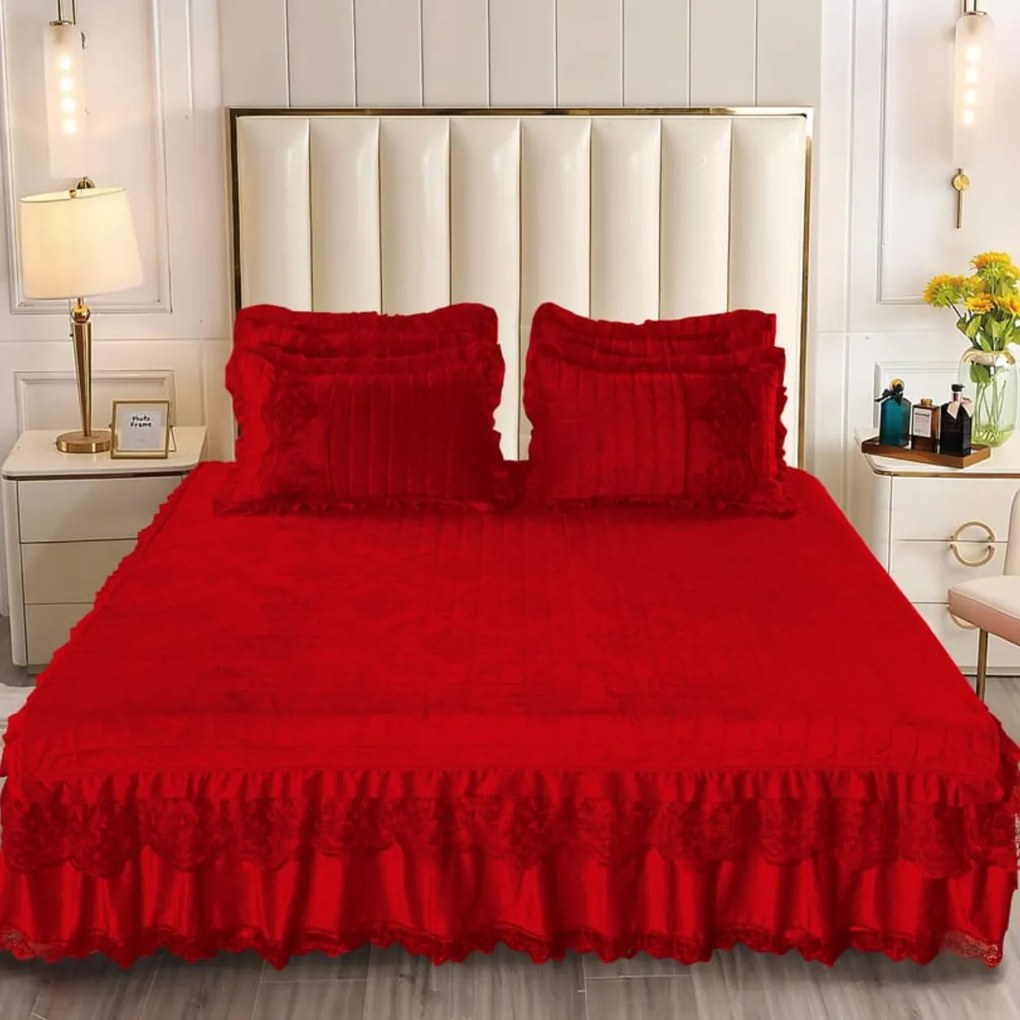 Cuvertura de pat, catifea, pat 2 persoane, rosu, 3 piese, CCC-98